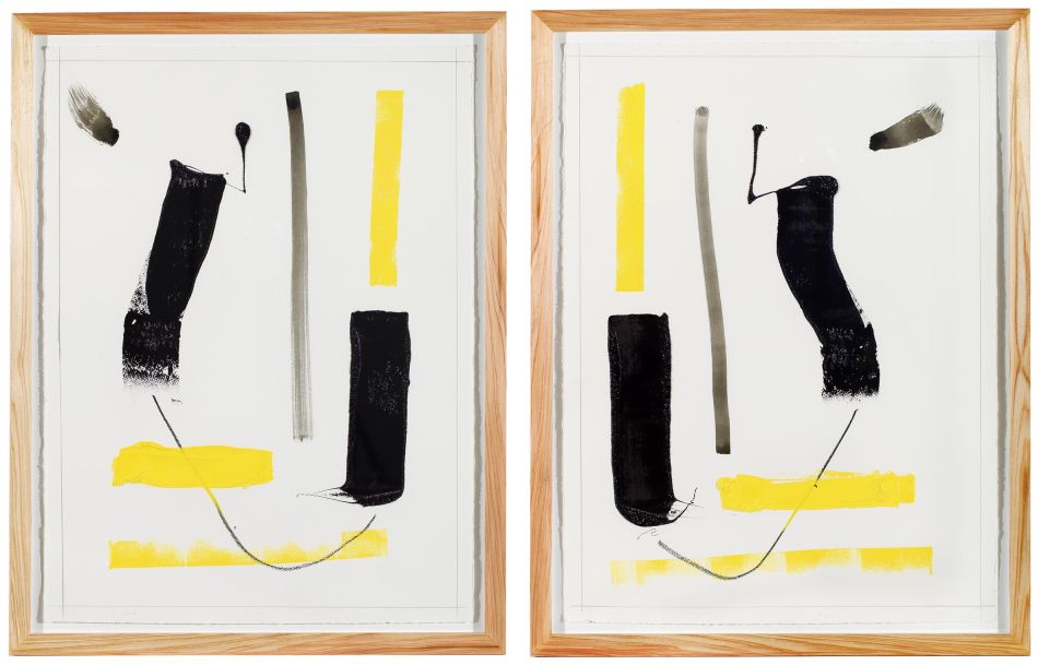 Click the image for a view of: T2 Duality (diptych). 2014. Lithographic ink, litho crayon, graphite. 760X560mm each